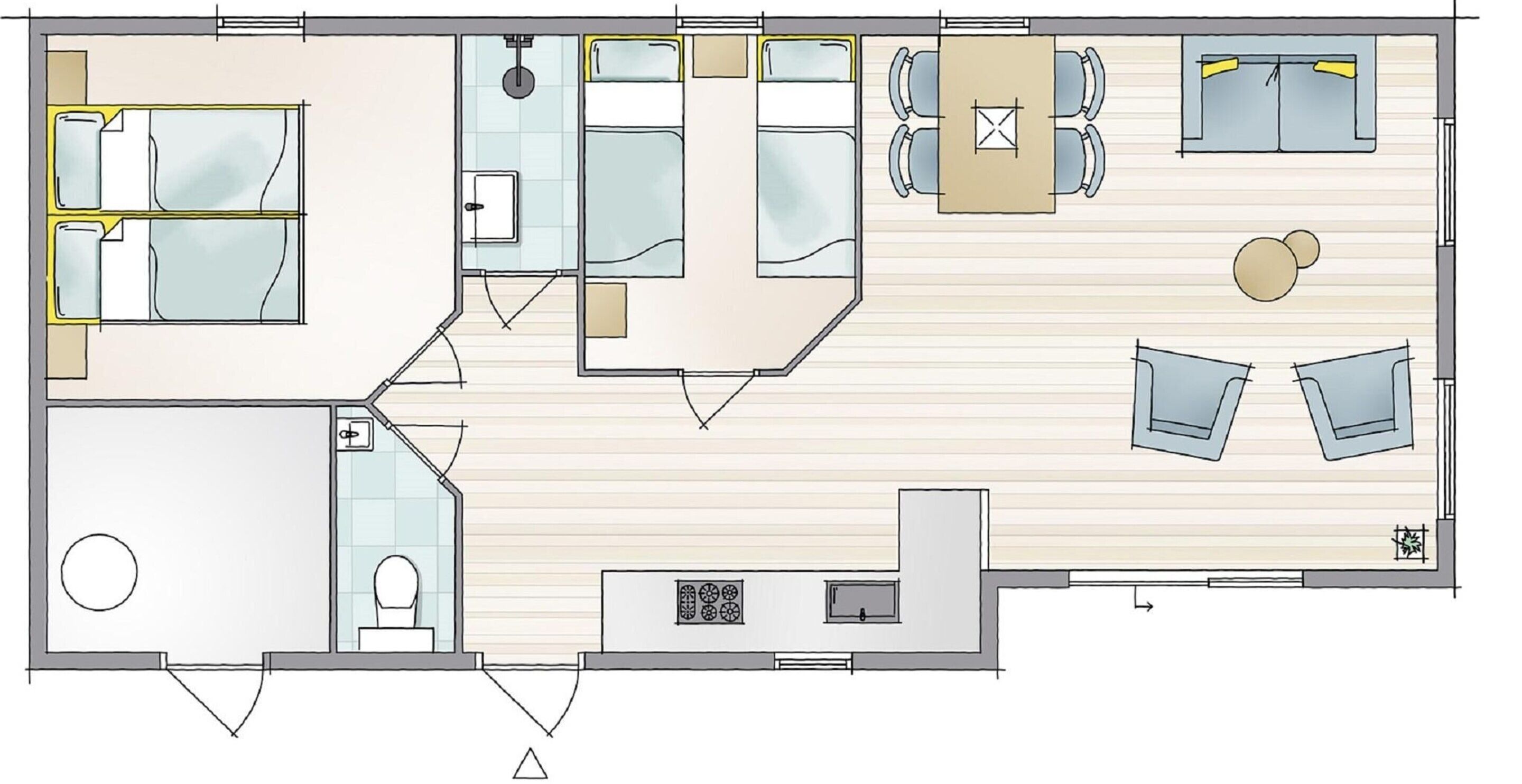A hotel room layout with a bathroom, a kitchenette, a dining area, and a seating area.