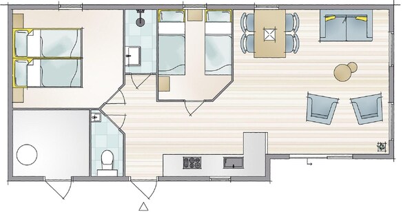 A hotel room layout with a bathroom, a kitchenette, a dining area, and a seating area. - Comfortable Chalet With Dishwasher, in the Texel Dune Areal (Den Hoorn)