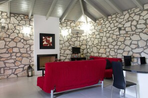 Villa Comfort - 3 sovrum | Vardagsrum | Eldstad och dvd-spelare