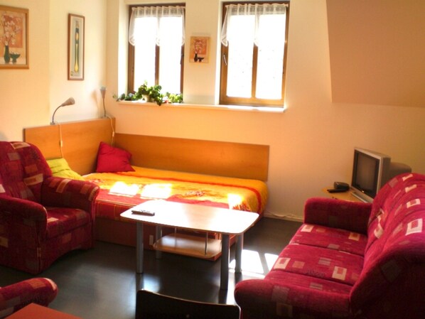 Klassiek appartement, 2 slaapkamers | Woonkamer | Een dvd-speler