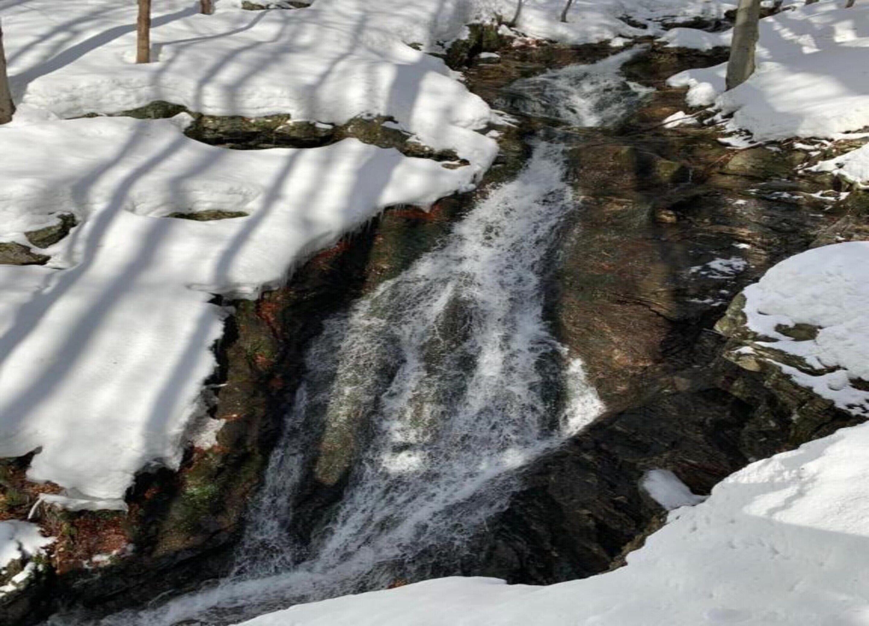 Um riacho coberto de neve serpenteando por um terreno rochoso com árvores ao redor.