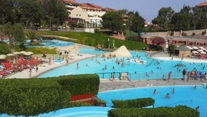 Μια μεγάλη εξωτερική πισίνα, περιτριγυρισμένη από πλούσια βλάστηση και κτίρια με κόκκινες στέγες.