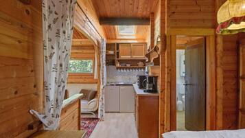 Fridge, coffee/tea maker, electric kettle, toaster