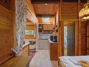 Fridge, coffee/tea maker, electric kettle, toaster