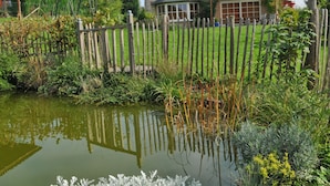 A residential area with a pond, wooden fence, and houses.