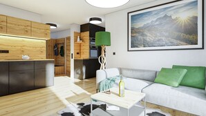 Een moderne woonkamer met een grijze bank, een houten salontafel en een schilderij van een berglandschap.