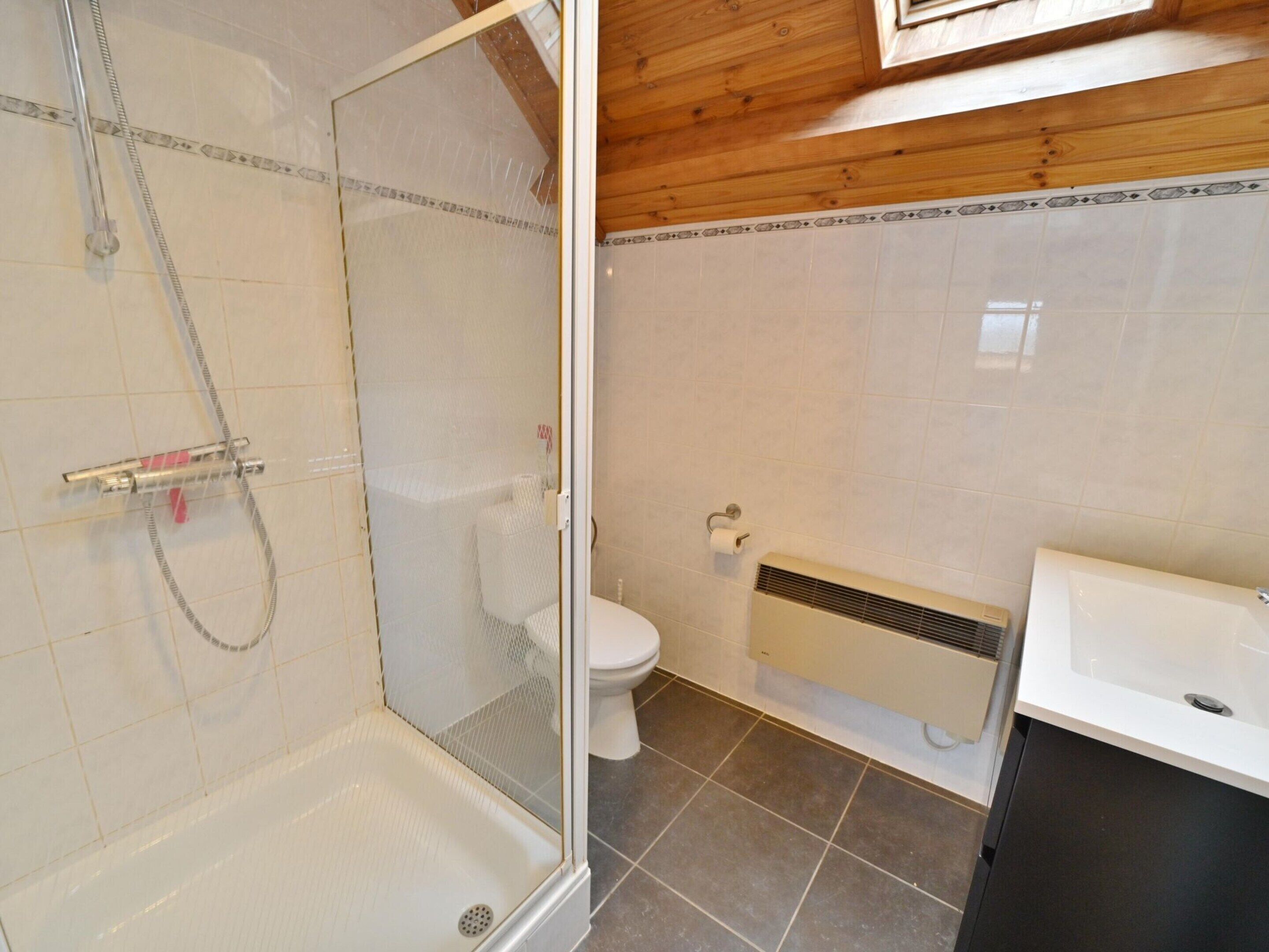 Un baño con ducha de vidrio, inodoro, radiador y lavabo.