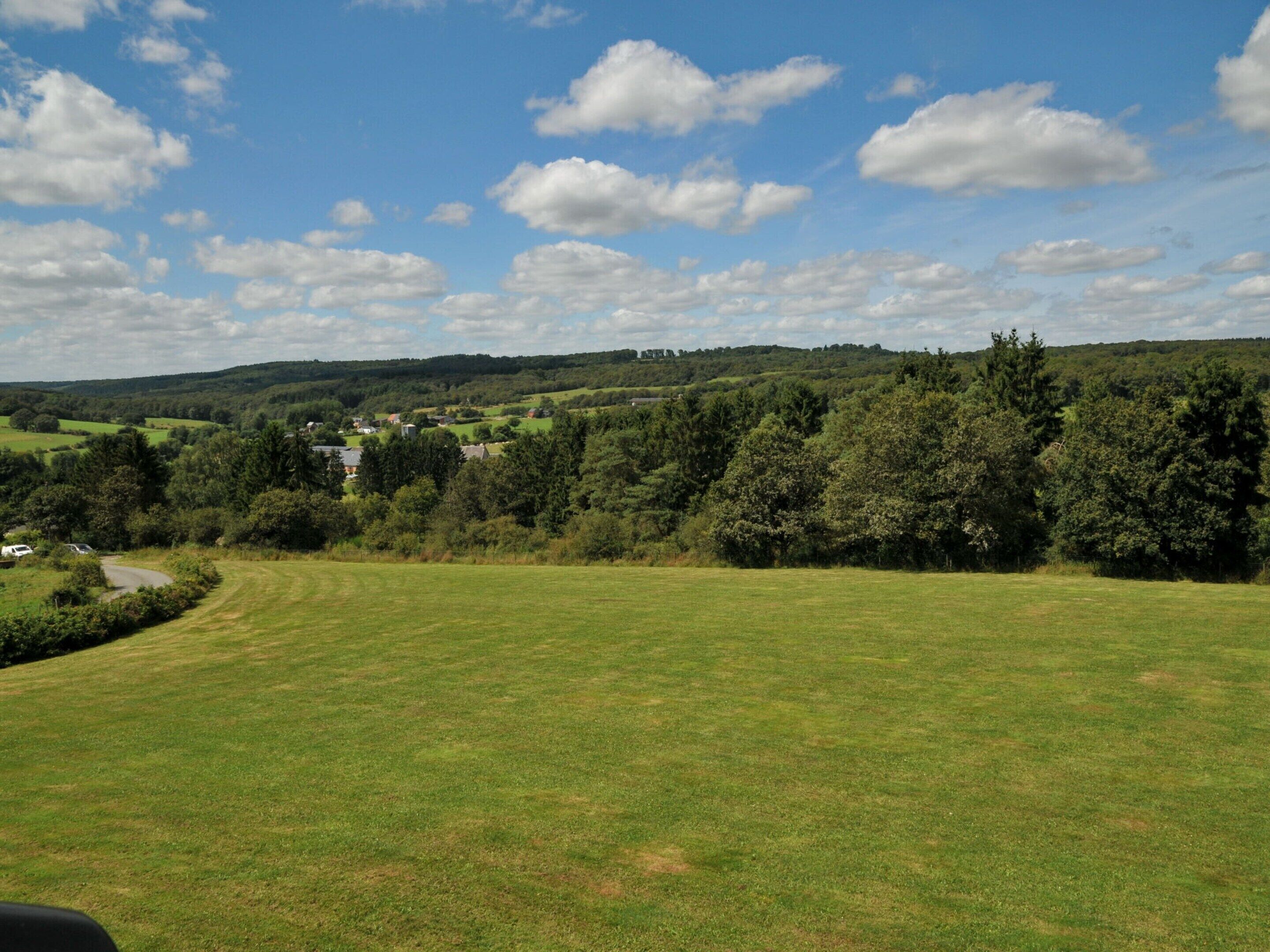 A rural landscape with a grassy field, trees, and a small village in the distance.