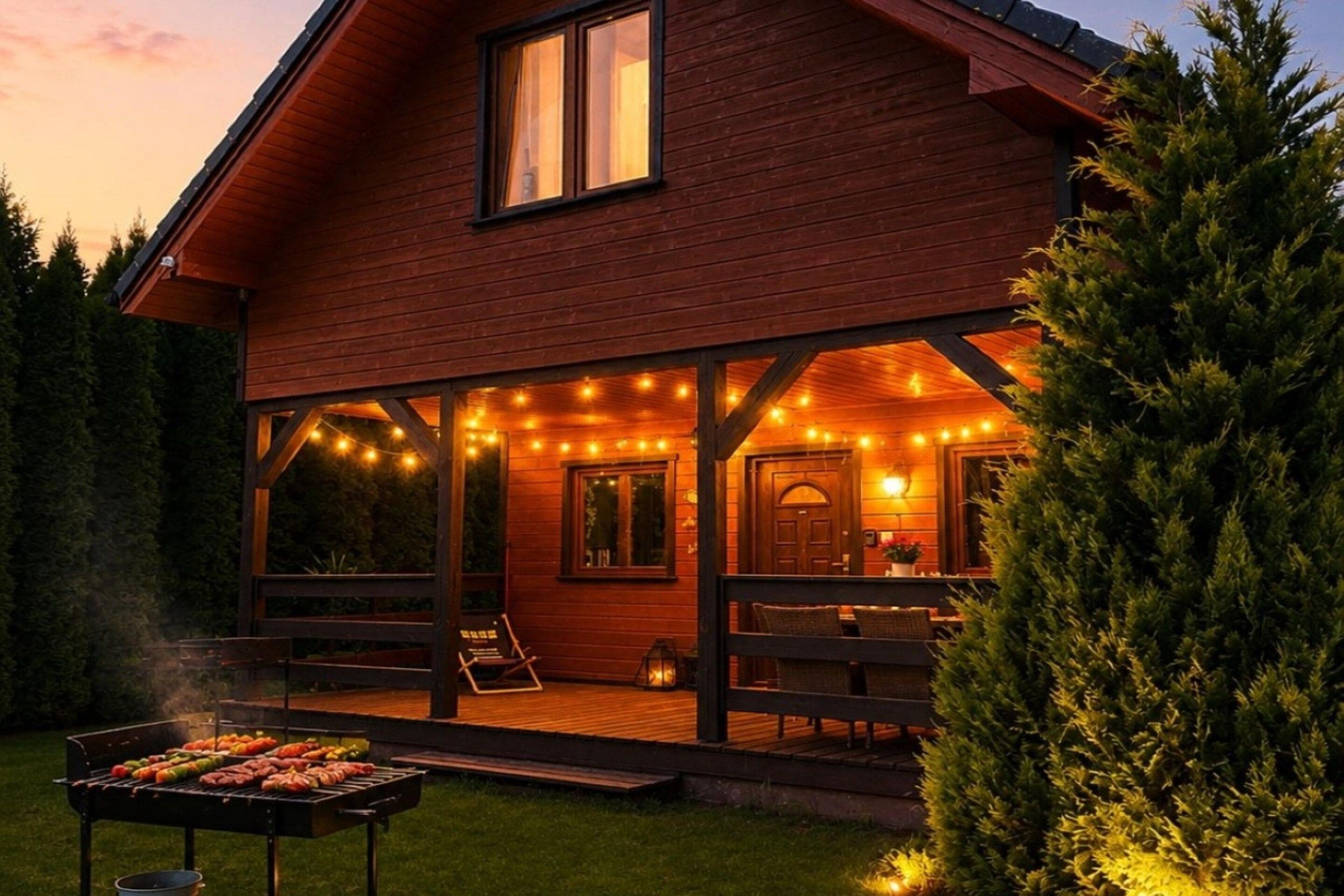 Una baita di legno con una veranda coperta, luci a stringa e un'area barbecue.