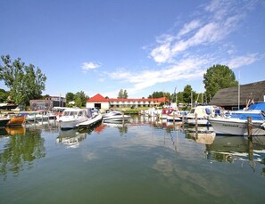 Enjoy serene waterfront views from the marina office or hotel, surrounded by lush greenery and calm waters.