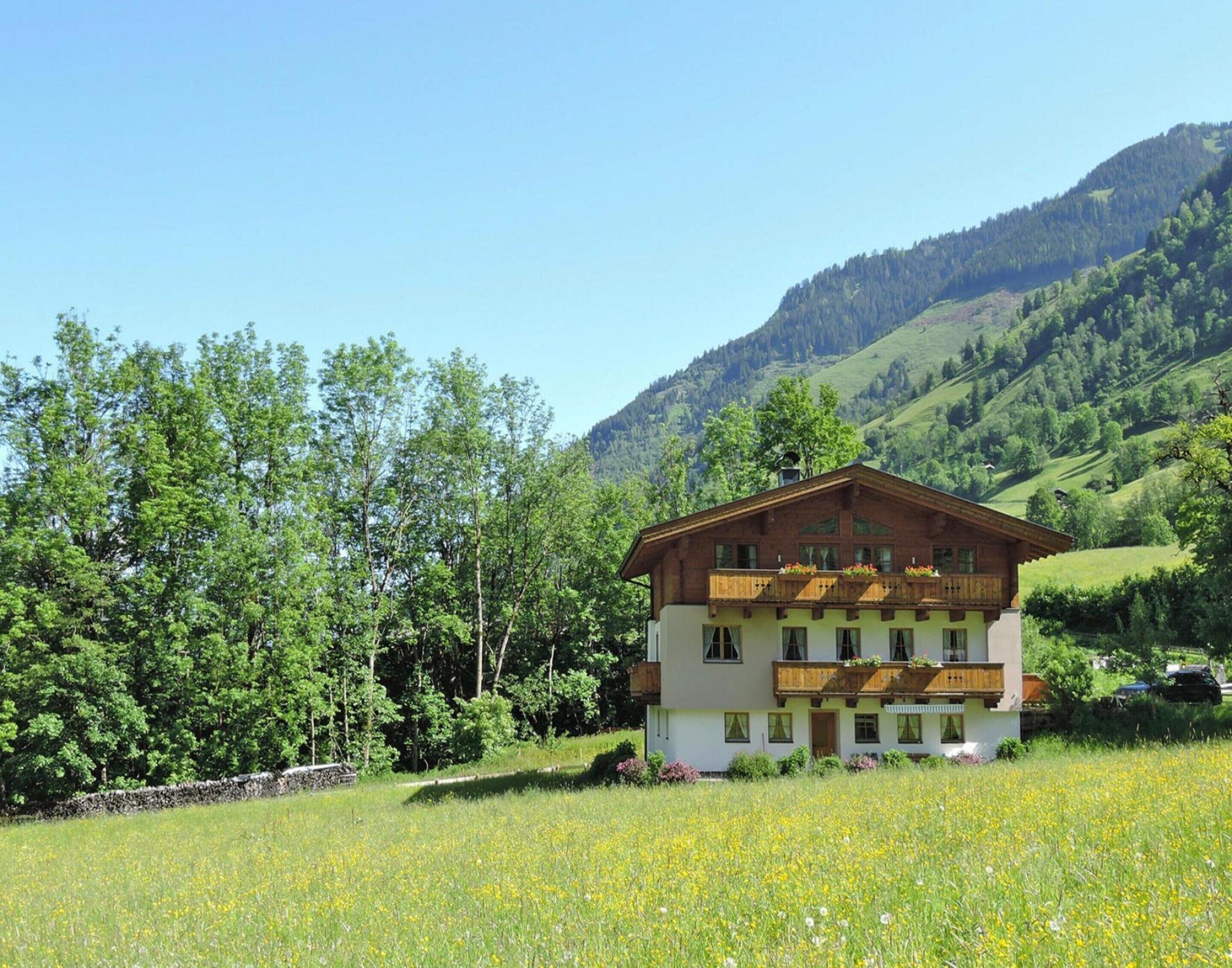 A two-story chalet with a balcony, surrounded by a lush green landscape and a mountain in the background.