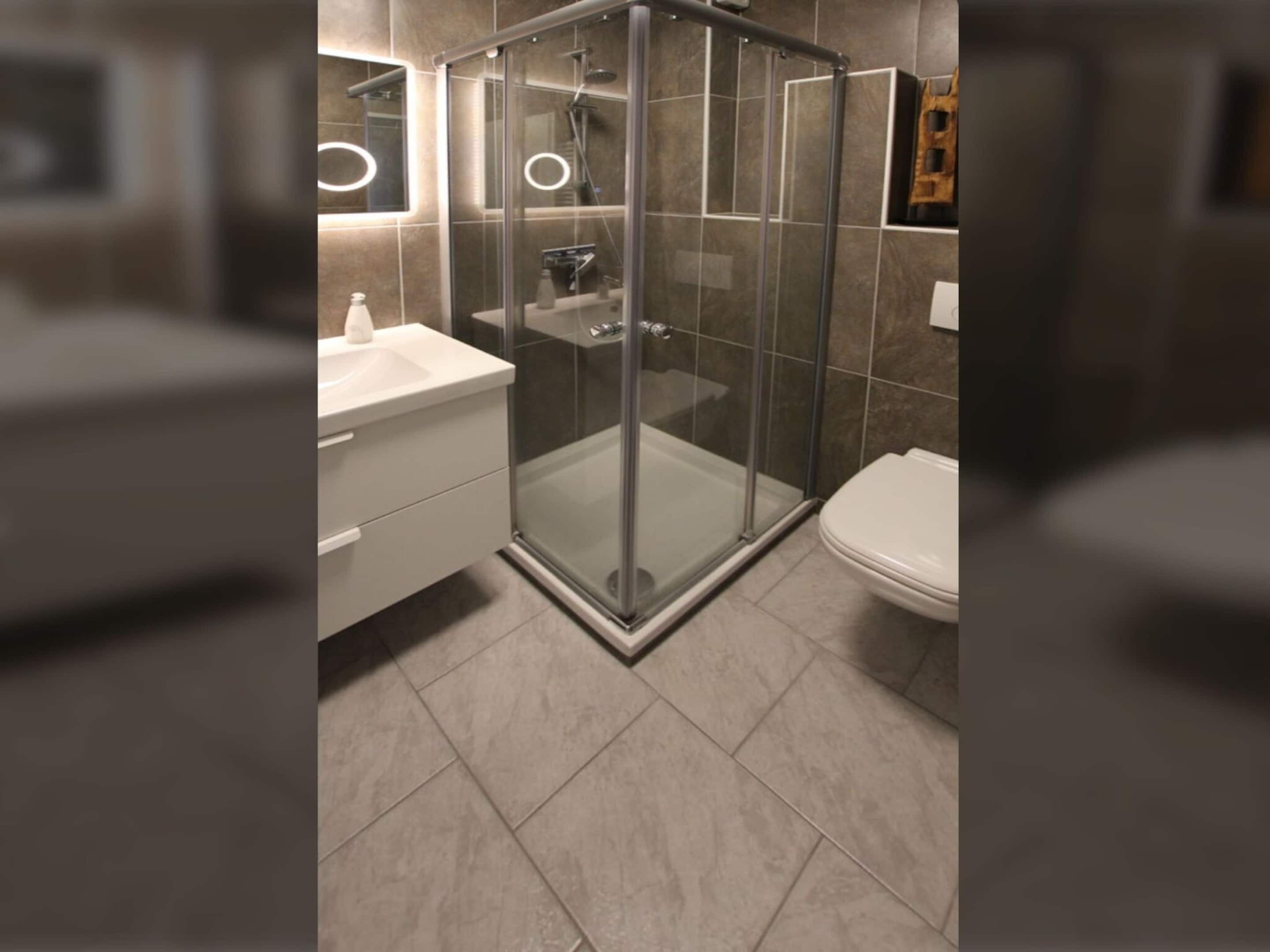 A modern bathroom with a glass-enclosed shower, a white sink, and a toilet.