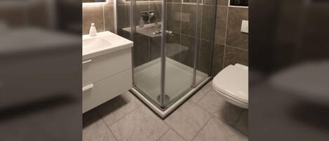 A modern bathroom with a glass-enclosed shower, a white sink, and a toilet.