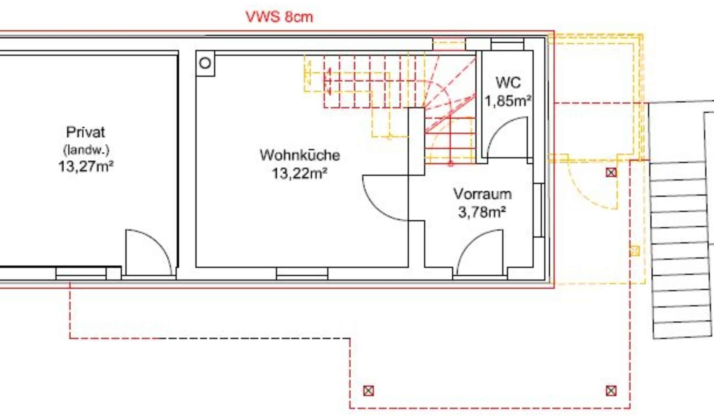 A floor plan with a private area (13.27m²), a living room (13.22m²), a WC (1.85m²), and a balcony (3.78m²).