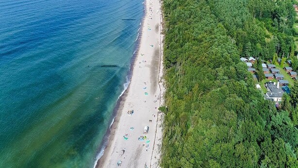 Ilmakuva rannasta, jonka toisella puolella on tiheä metsä ja toisella puolella rivi mökkejä.