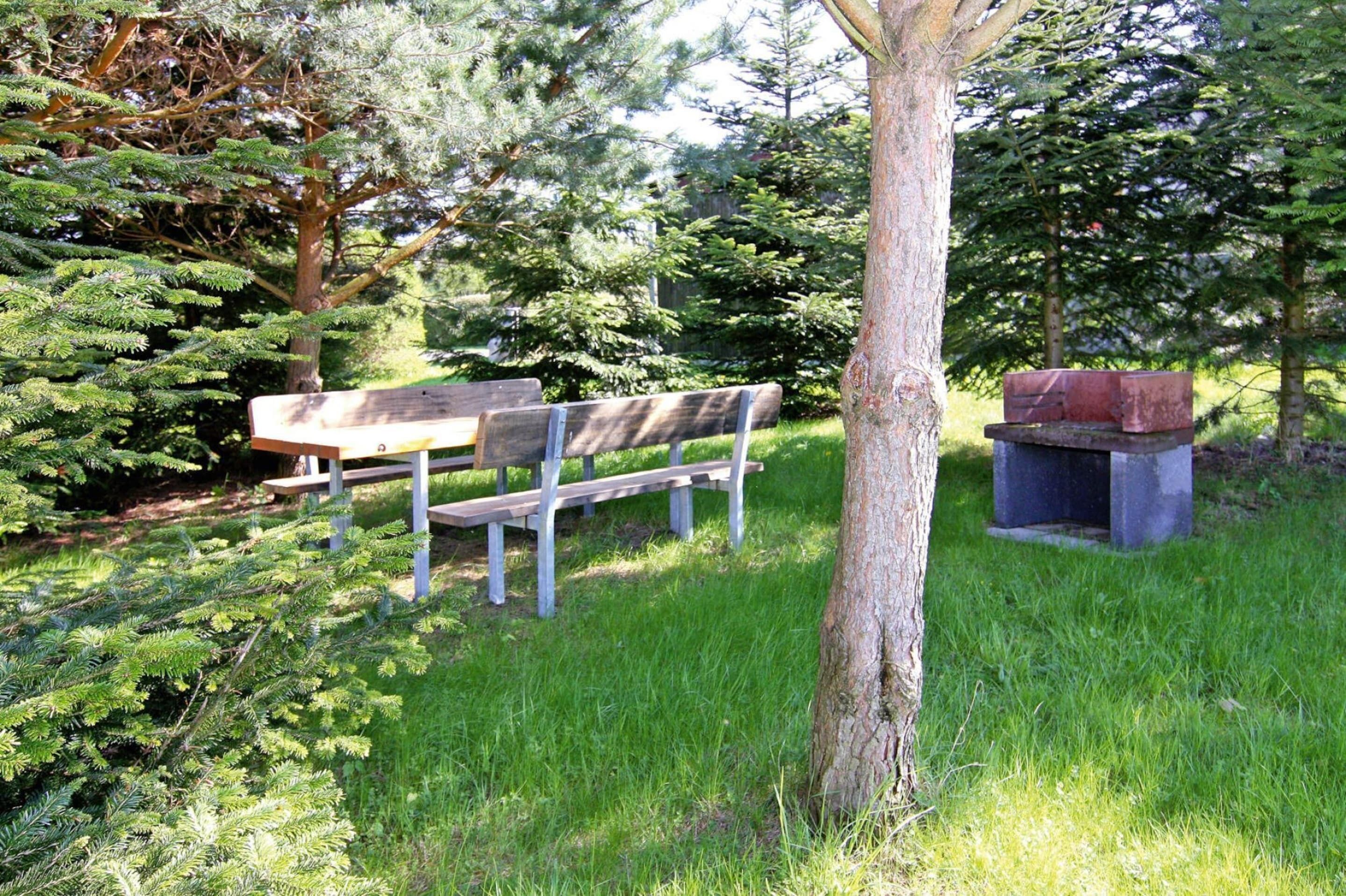 A wooden bench and picnic table in a grassy area with trees.