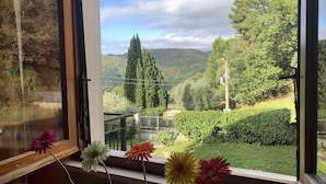 A window with a view of a green landscape, including trees and a hill. - Spectacular Holiday Home in Pescia With Swimming Pool (Pescia)