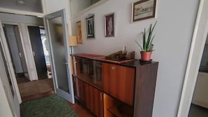 Un couloir avec une armoire en bois, un tapis à motifs verts et une plante en pot.