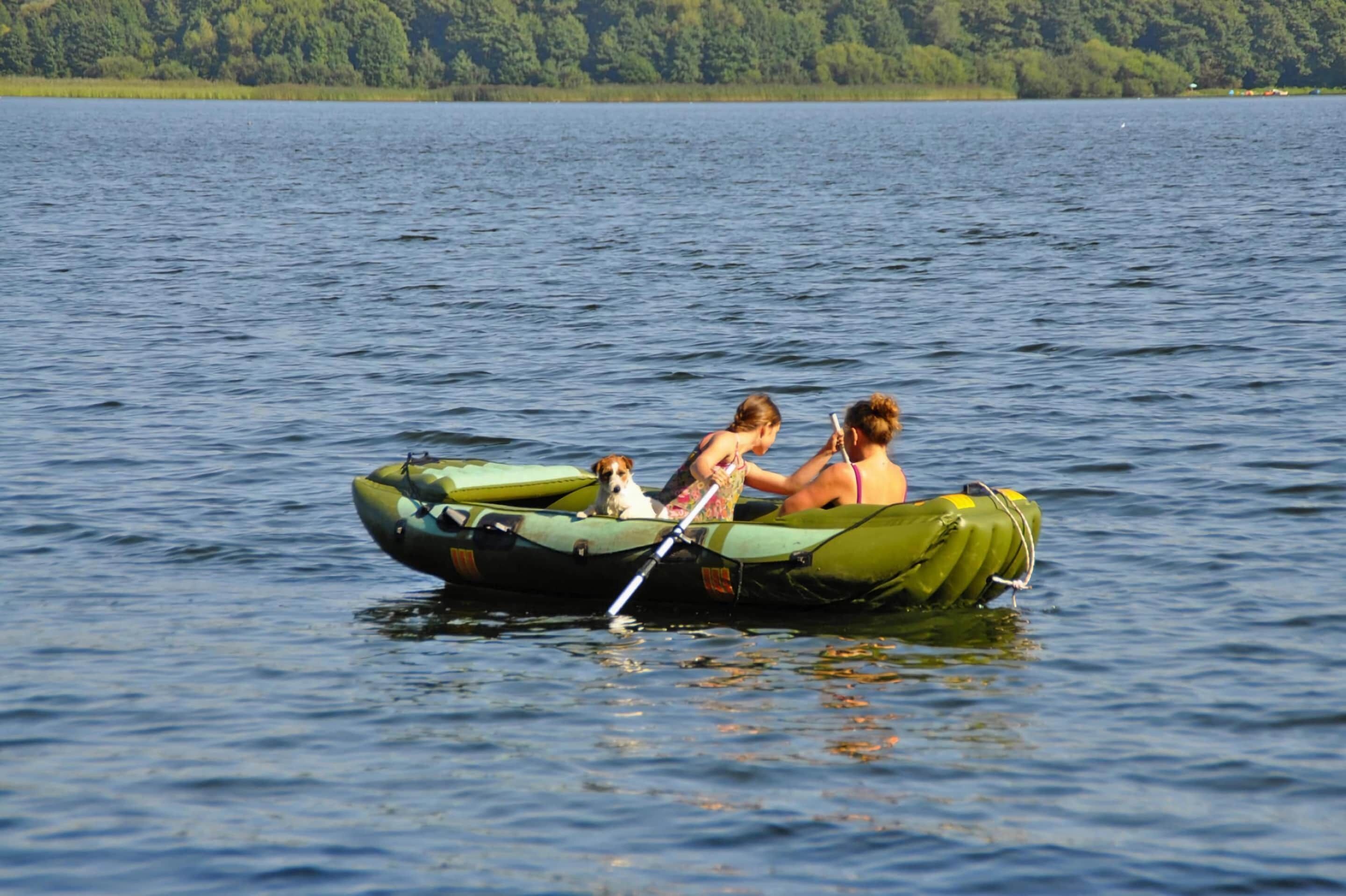 A green inflatable boat on a lake with two people and a dog.