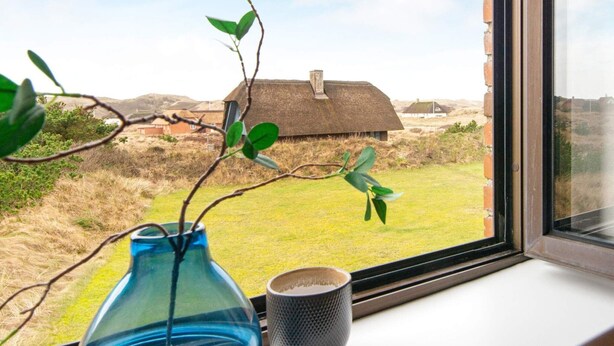 Blick aus einem Fenster auf ein Haus mit Strohdach und eine Wiese.