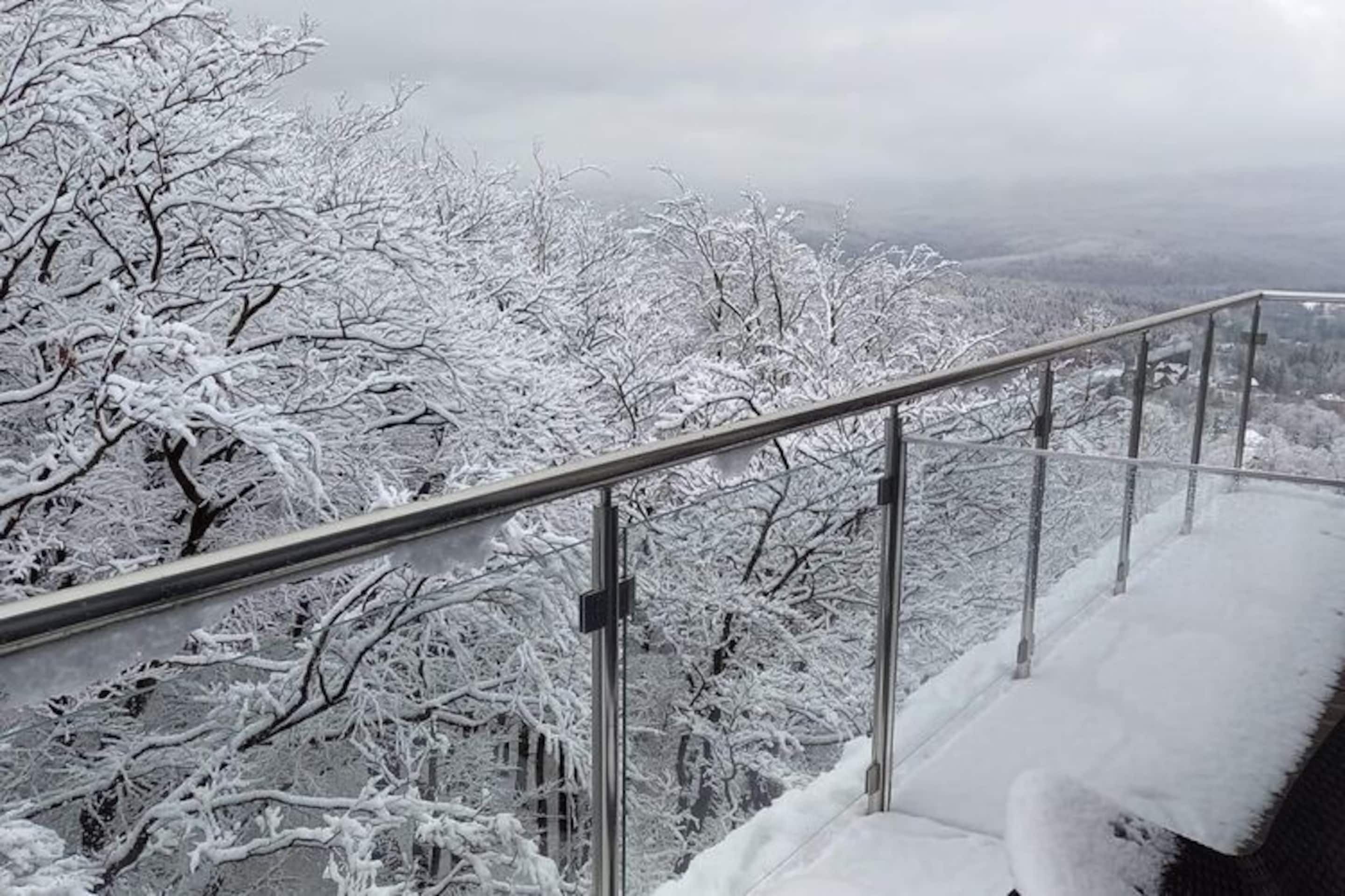 Un balcon enneigé, doté d’une rambarde en métal, qui offre une vue sur un paysage hivernal.