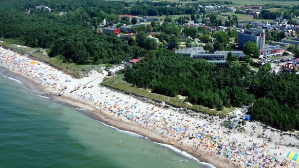 An aerial view of a beach with numerous umbrellas and people, surrounded by dense greenery and buildings.