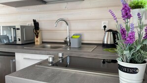 A modern kitchen with stainless steel appliances, a sink, and a potted lavender plant.