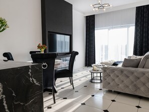 Classic Apartment, 2 Bedrooms | Living room | Fireplace - Apartment Overlooking the River, Sauna, Dziwnow (Dziwnów)