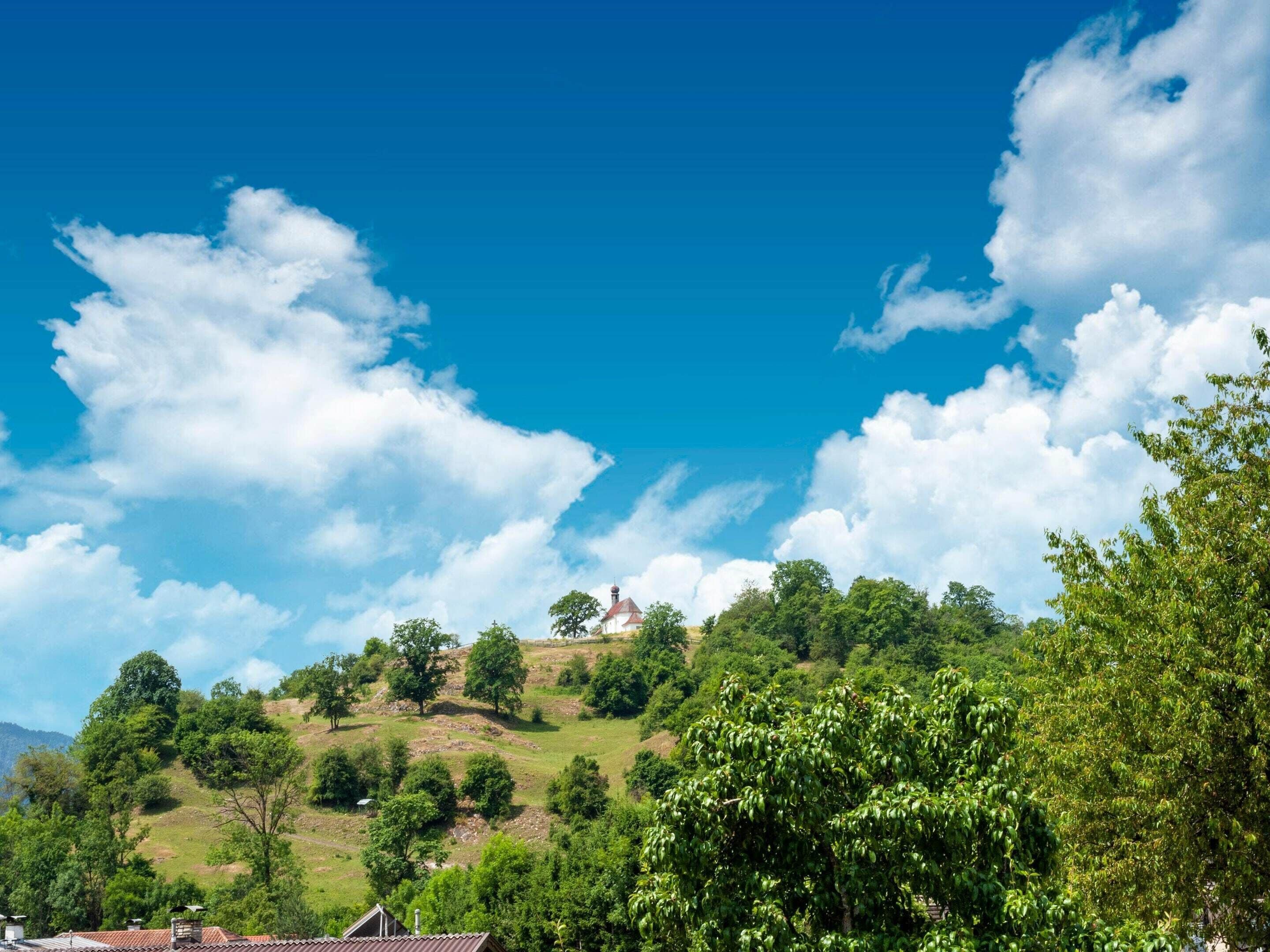 A hillside with a small building, surrounded by lush greenery and a clear blue sky.