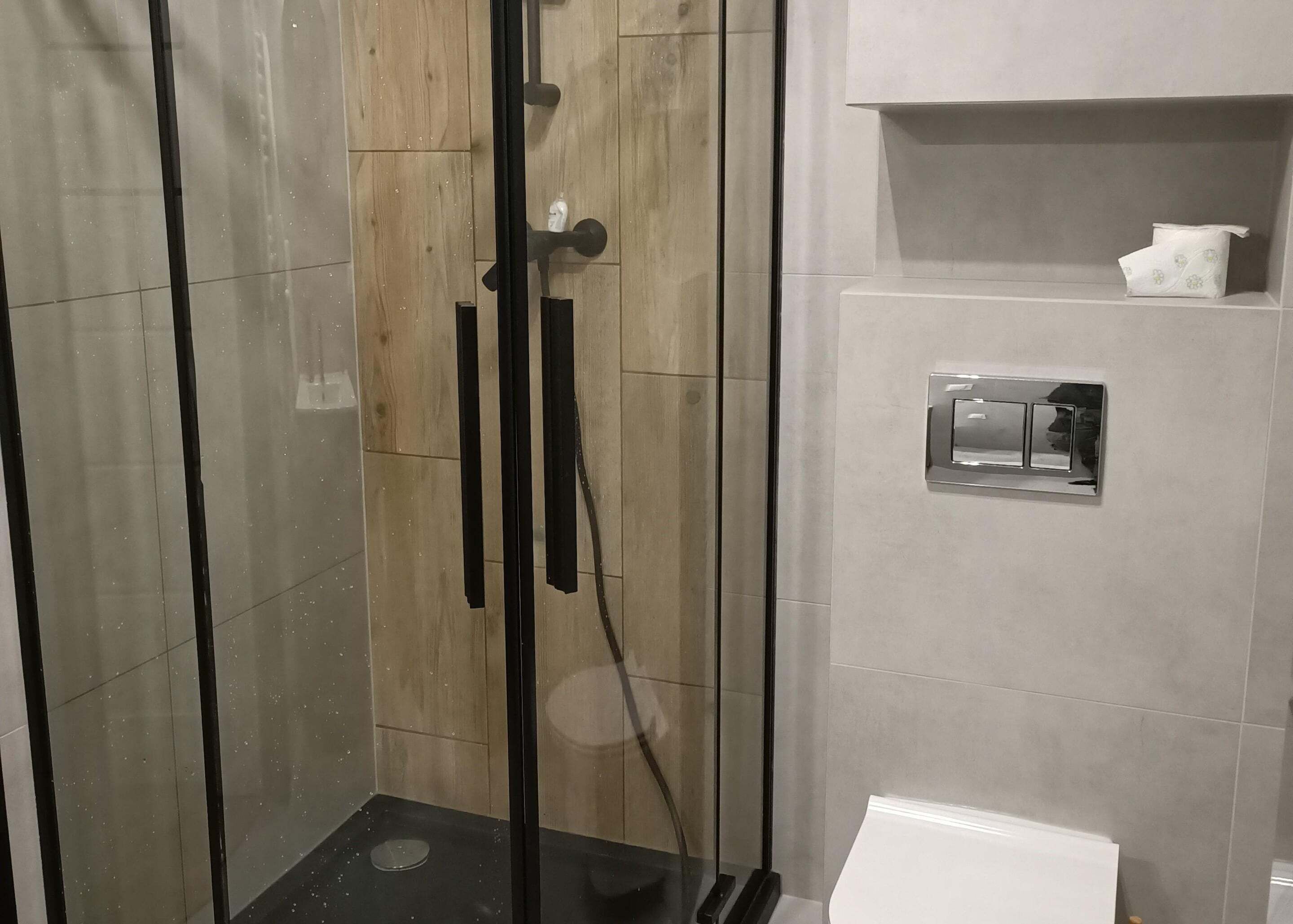 Eine Dusche mit Glastür, einem Handtuchhalter und einem Ablagefach für Pflegeprodukte.