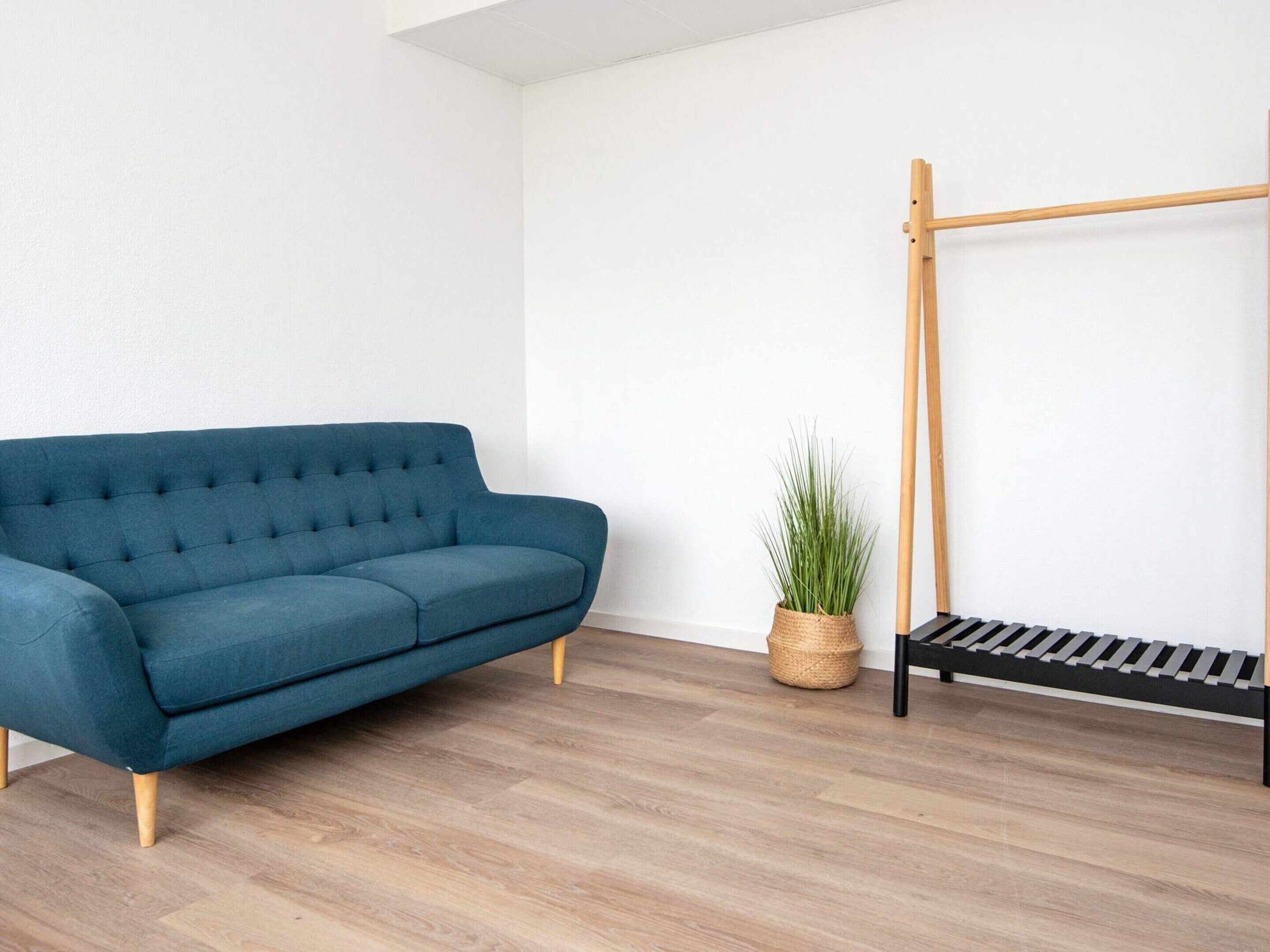 Une pièce avec un canapé bleu, une balançoire en bois et une plante en pot.