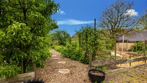 Ein Gartenpfad mit Mulch, Holzwegen und Kübelpflanzen.