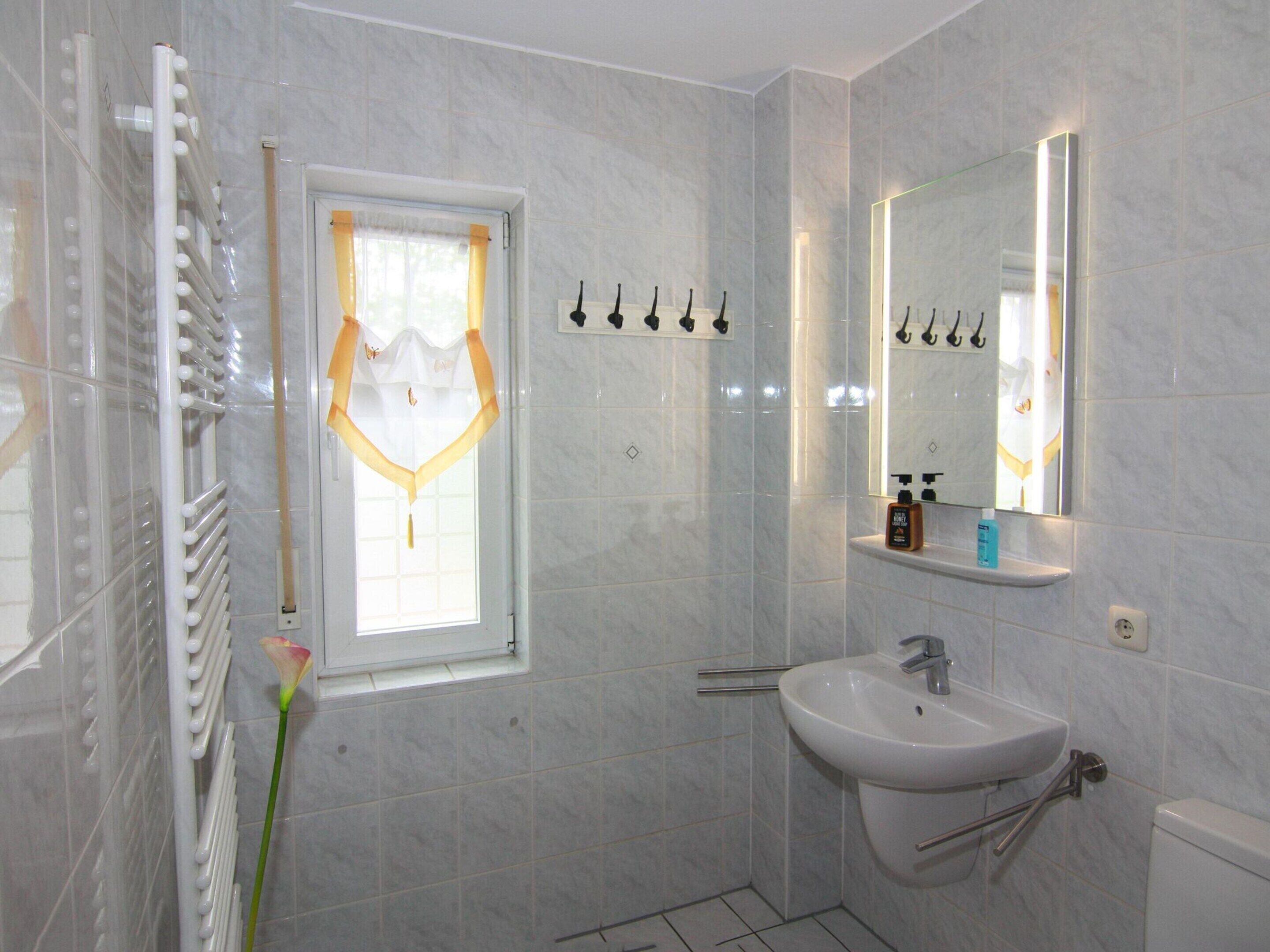 A bathroom with a white sink, a mirror, and a window with curtains.