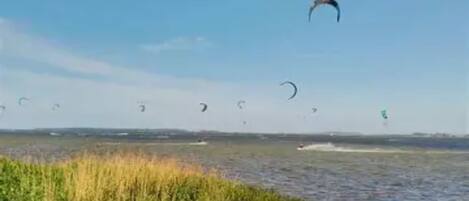 A coastal area with multiple kitesurfing activities.