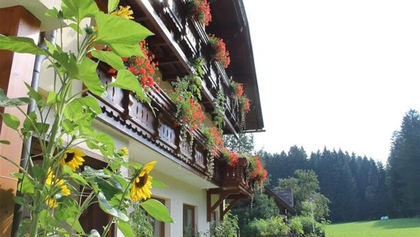 A traditional chalet with a balcony adorned with flowers and sunflowers, surrounded by a lush green landscape. - Lovely Apartment in Tropolach With Sauna (Hermagor-Pressegger See)