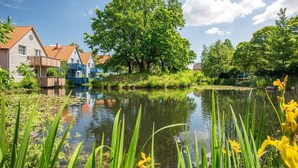 Een rustige rivier met huizen aan de ene kant en bomen aan de andere.
