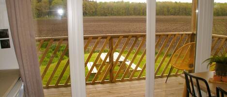 A balcony with a view of a field and trees.