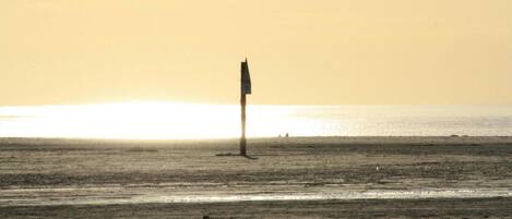 A beach with a solitary flagpole in the distance, a calm sea, and a clear sky.