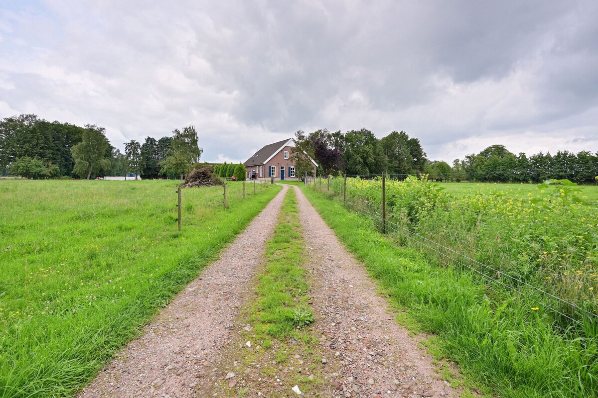 Un camino rural que lleva a una casa rodeada de campos y árboles.
