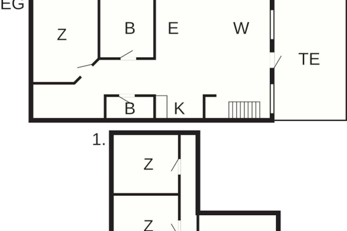 Un plan d’étage indiquant les pièces Z, B, E, W et TE.