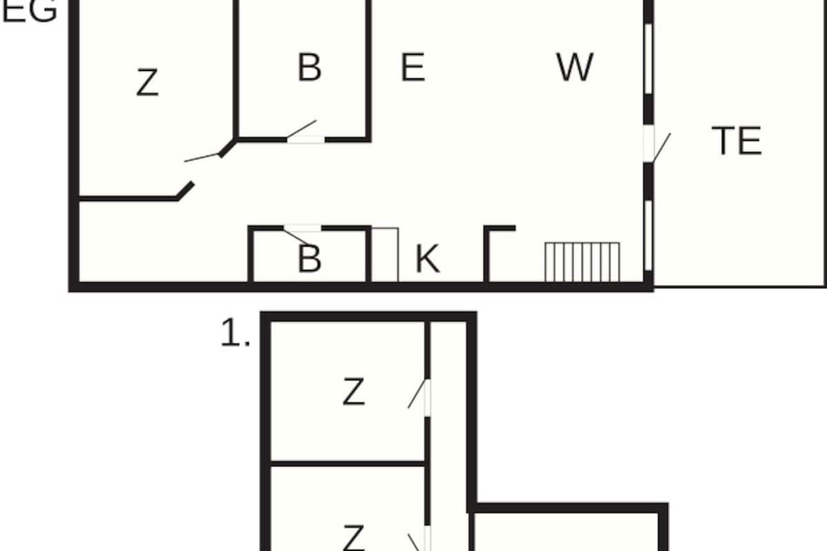 A floor plan with labeled rooms Z, B, E, W, and TE.