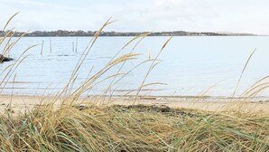 A coastal landscape with a sandy beach and tall grasses in the foreground, leading to a calm body of water and a distant shoreline with buildings. - 5 Person Holiday Home in Farso (Farso)