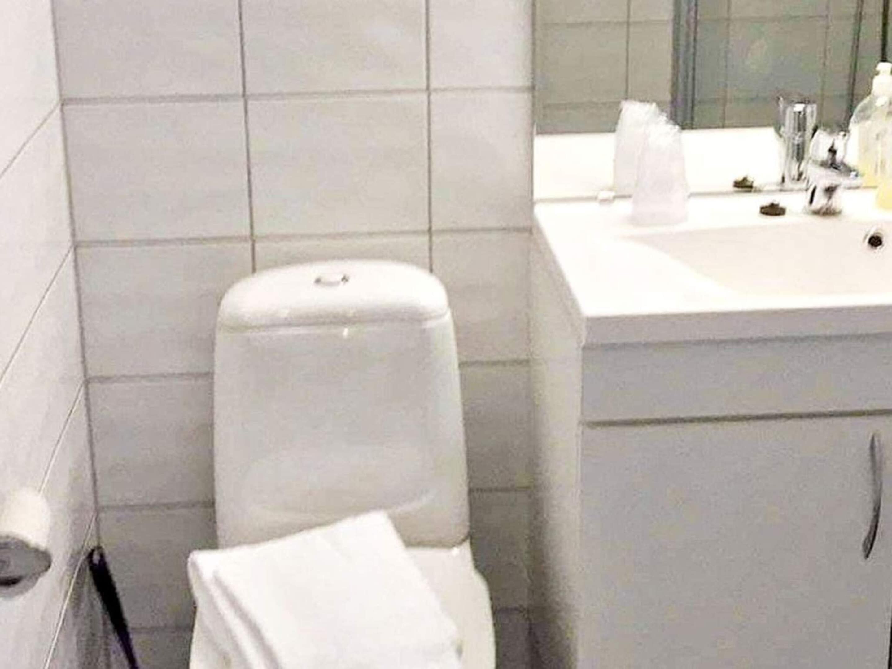 Een badkamer met toilet, wastafel en spiegel.