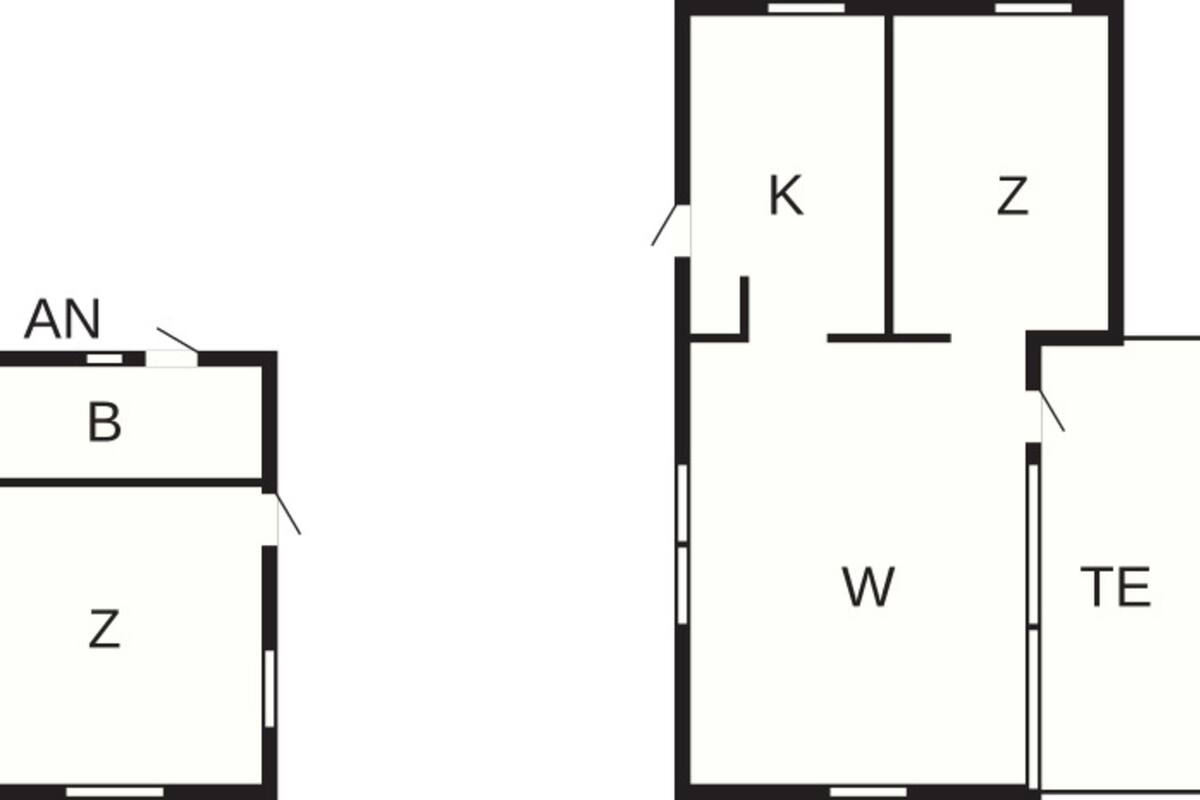 A floor plan with labeled rooms: AN, B, Z, K, W, and TE.