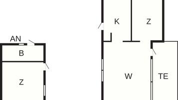 En planritning med rum som är markerade med bokstäver: AN, B, Z, K, W och TE.
