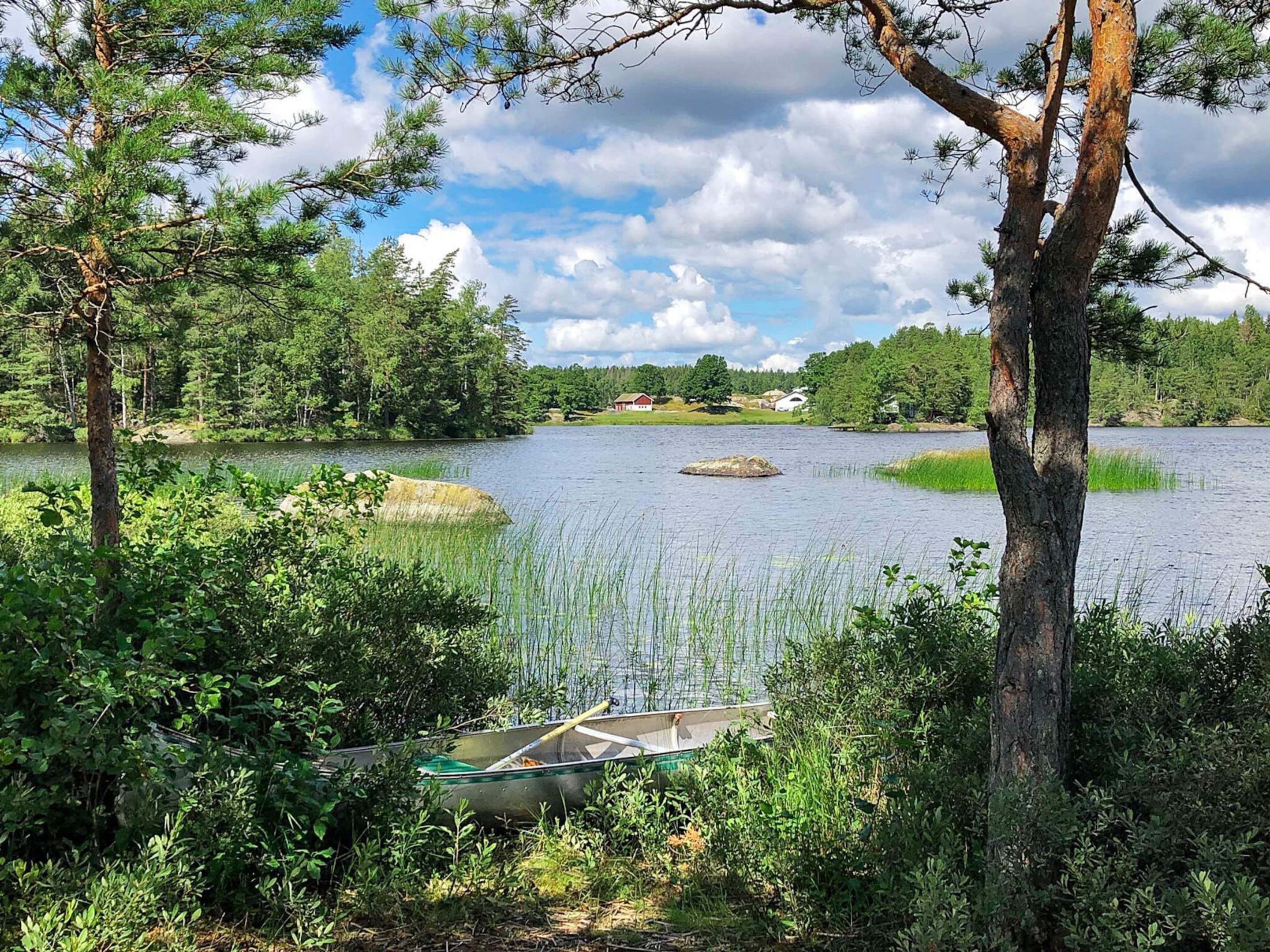 A calm lake with a small boat docked near the shore, surrounded by dense greenery and trees.