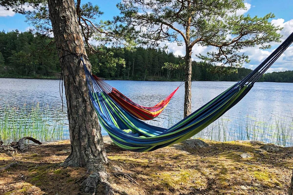 En hängmatta som är upphängd mellan två träd vid en sjö.