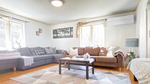 A living room with a gray sofa, a brown sofa, a coffee table, and a patterned rug. - 4 Person Holiday Home in Granna (Gränna)