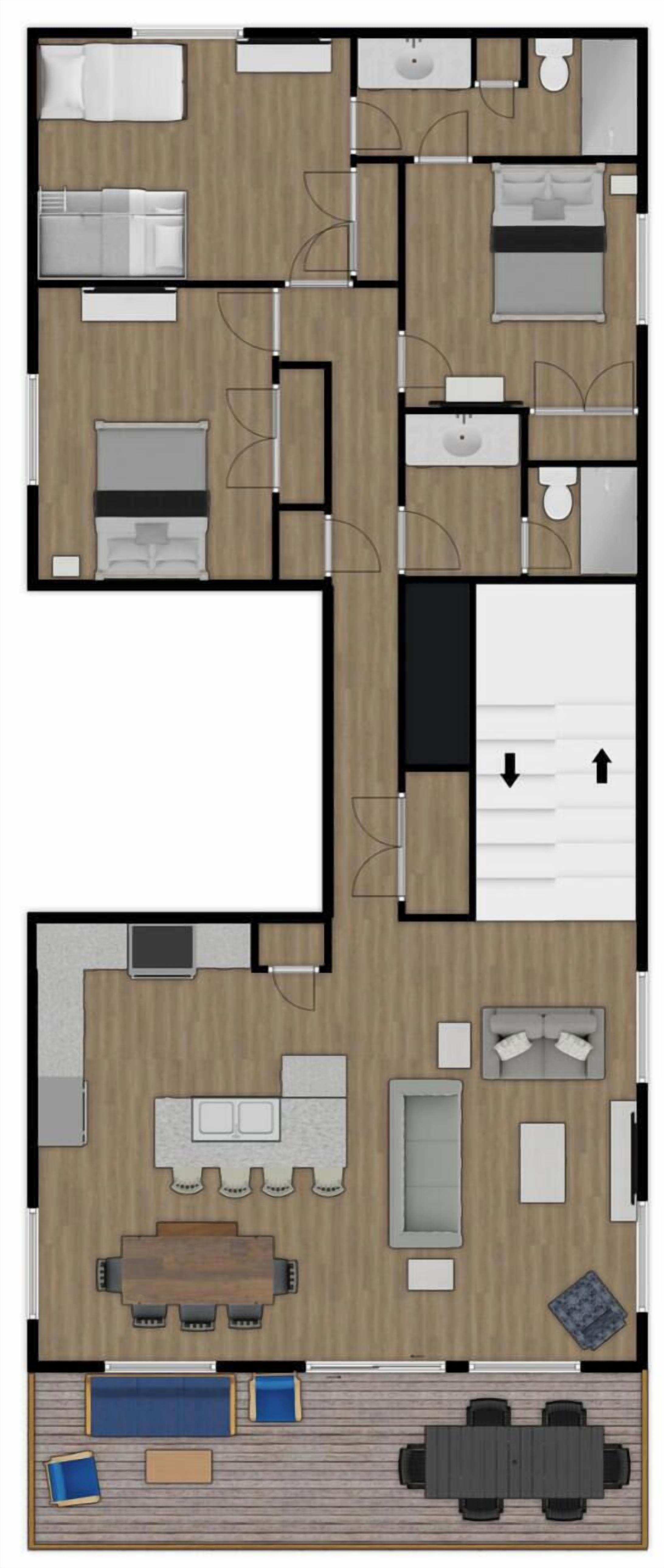 A hotel layout with multiple bedrooms, a kitchen, a dining area, and a small outdoor seating area.