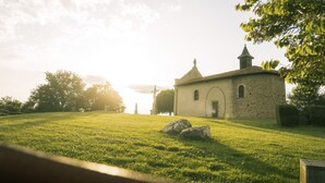 A small stone building with a single dome and a bell tower, surrounded by a grassy field and trees. - Welcome to the" Domaine des étoiles"<br>Enjoy a moment of escape and fun! (GILLONNAY)